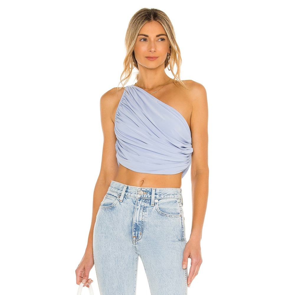 Norma Kamali Diana One-Shoulder Crop Top XS Light Blue Ruched Jersey Knit